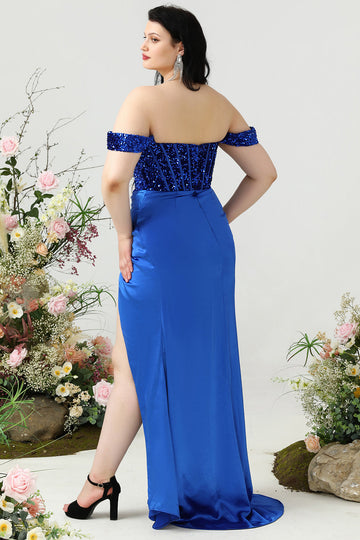 Sheath Off the Shoulder Royal Blue Plus Size Ball Dress with Split Front